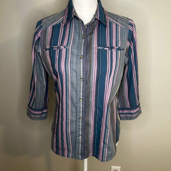 The North Face women's organic cotton striped snap button down 3/4 sleeve size M - Picture 1 of 14